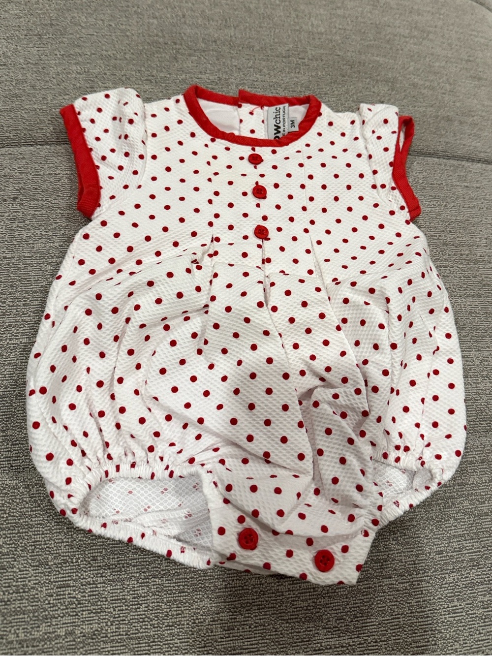 Baby Girl Red and White Polka Dot Bubble Romper with Puff Sleeves